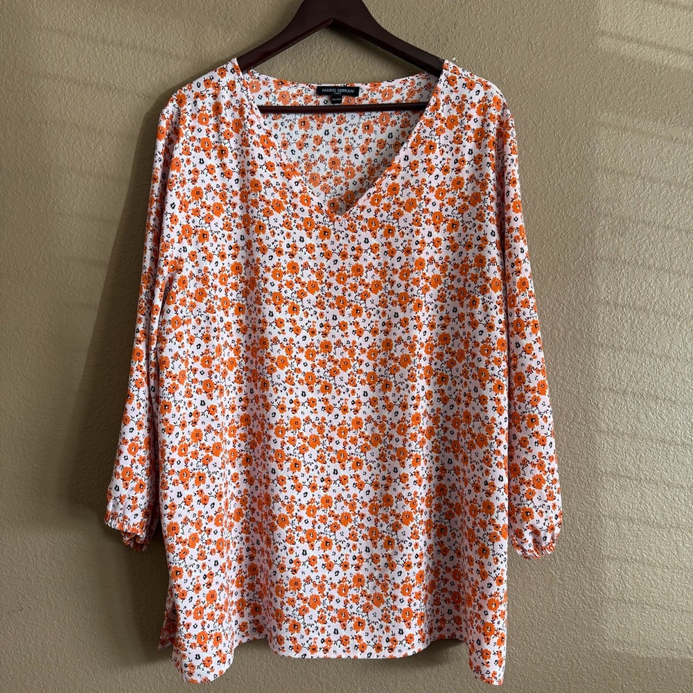 Mario Serrani Italy Orange and Pink Floral V-Neck Blouse Size XXL